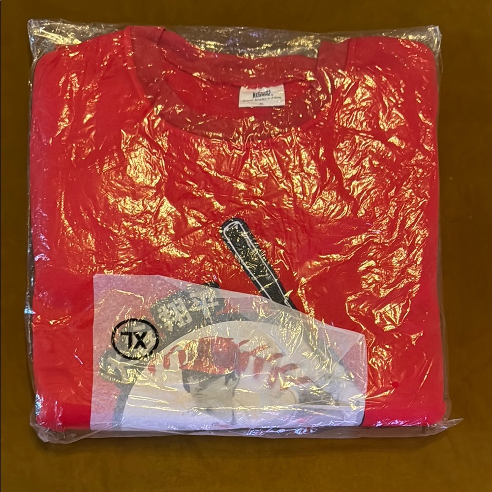 Bright Red Short Sleeve Tee with Ornate Gold Design